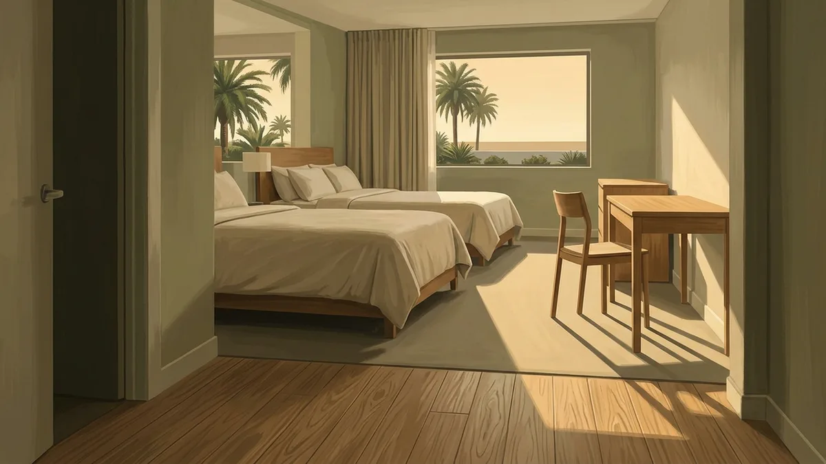 Illustration of a clean contemporary hotel room with two queen beds and a work desk, with a window looking onto palms and low landscaping.
