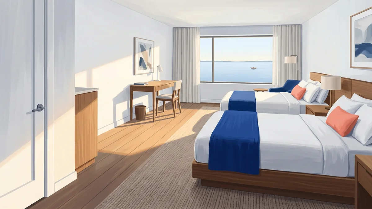 Illustration of a clean contemporary hotel room with two queen beds and a work desk, with a window looking onto a lake with a small boat in the distance.