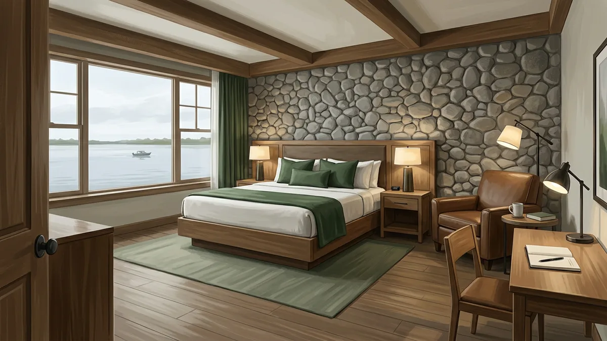 Illustration of a spacious upscale hotel room with a king bed, upholstered headboard, armchair and writing desk, with a window looking onto a lake with a small boat in the distance.