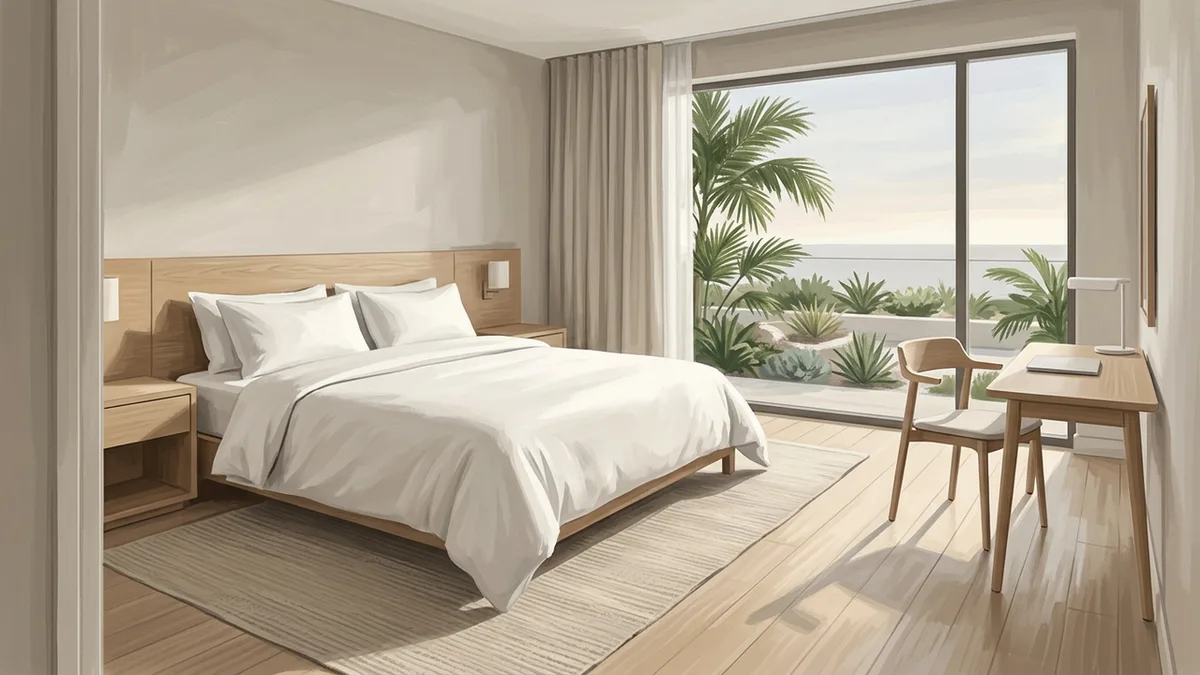 Illustration of a clean contemporary hotel room with two queen beds and a work desk, with a window looking onto palms and low landscaping.