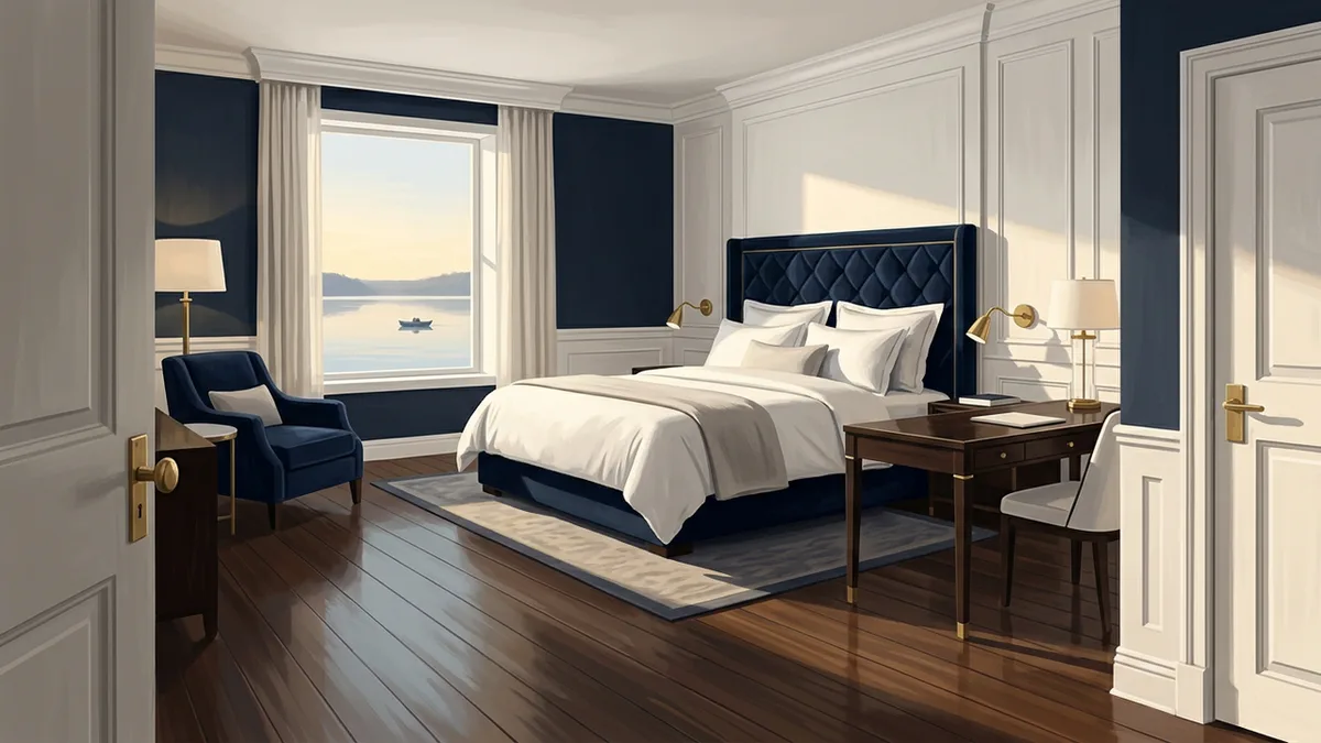 Illustration of a spacious upscale hotel room with a king bed, upholstered headboard, armchair and writing desk, with a window looking onto a lake with a small boat in the distance.